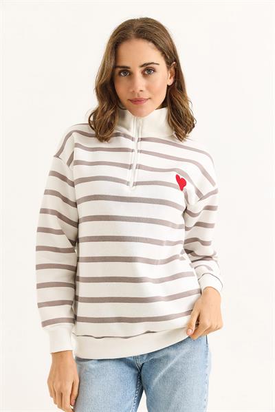Kadın Oversize Çizgili Kalp Nakışlı Fermuarlı Sweatshirt Vizon Beyaz
