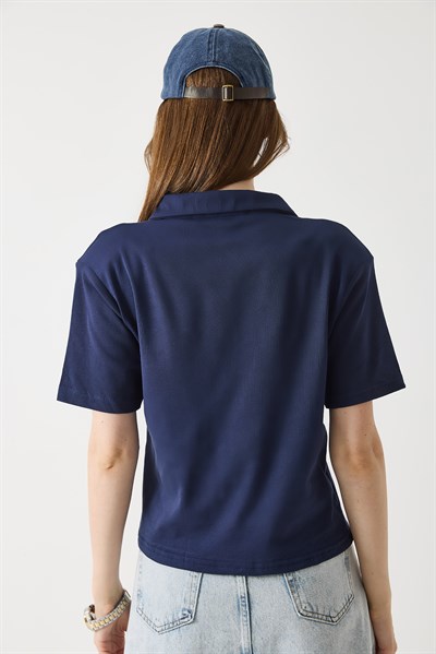 Kadın Vatkalı Polo Yaka Tshirt Lacivert