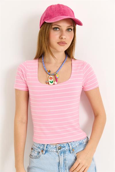 Kare Yaka Likralı Pamuk Bluz Pembe