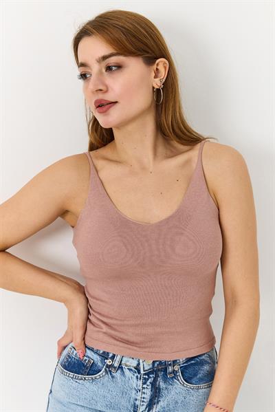 Kadın Triko Basic  Pudra  V yaka Askılı Bluz