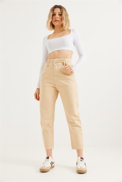 Yüksek Bel Bol Kesim Pantolon Bej