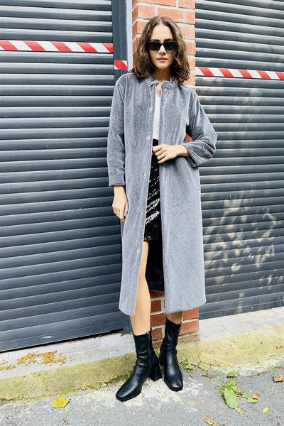 Yumuşak Modern Çıtçıtlı Kaban Gri