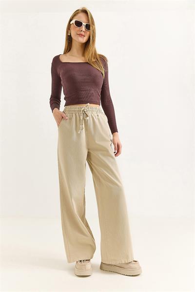 Kadın Pantalon Geniş Paça Bağcıklı  Pantalon Bej