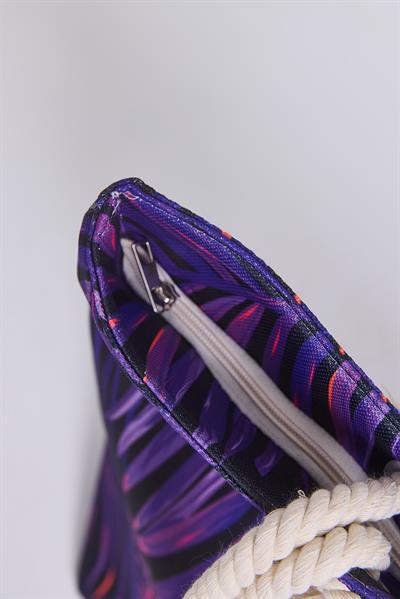 Renkli Desenli Kadın Plaj Çantası Mor