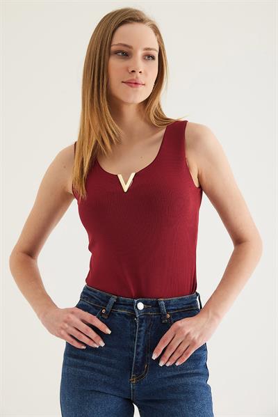 Yaka V Detay Triko Bluz Bordo