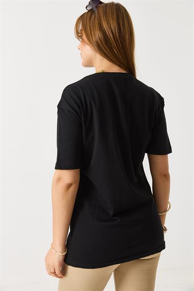 Kadın Parlak Yazılı Baskılı Tshirt Siyah