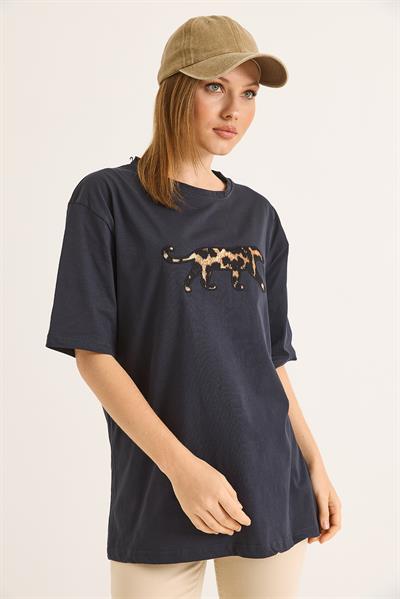 Ön Arka Nakışlı Oversize Pamuk T-Shirt Antrasit