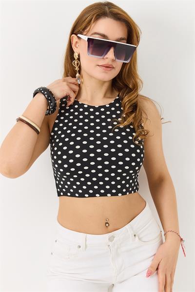 Kadın Poliyemid Kumaş Puantiyeli Crop Bluz  Siyah