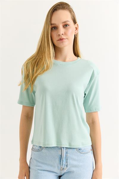 Vatkalı Bisiklet Yaka Basic Tshirt Su Yeşili