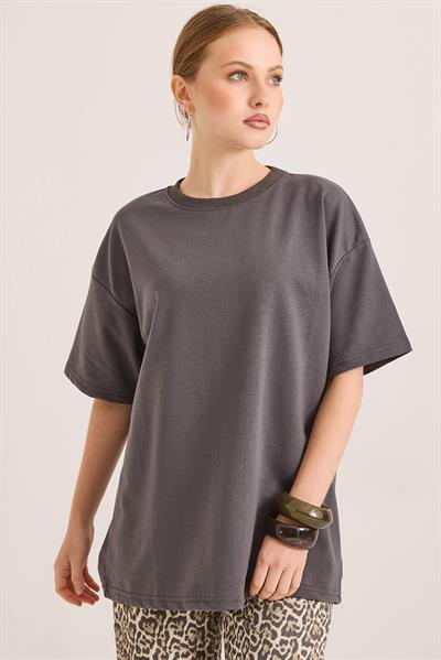 Oversize Bisiklet Yaka Basic Tshirt Füme