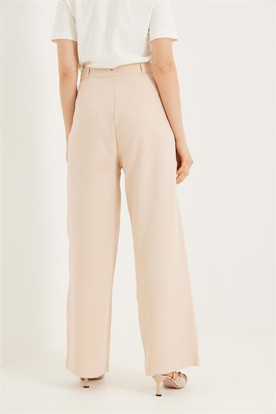 Dökümlü Bol Paça Pantolon Krem