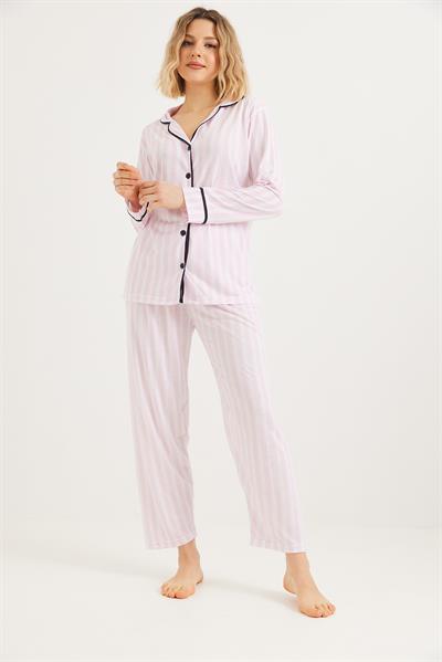 Düğmeli Uzun Kollu Pijama Takımı Pembe