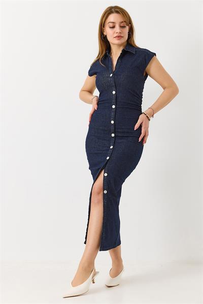 Kadın Drape Detaylı Likralı Midi Boy Denim Elbise Açık Lacivert