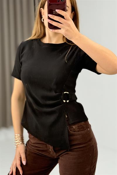 Kadın Yan Tokalı Asimetrik Kesim Kakorse Kısa Kollu Bluz  Siyah