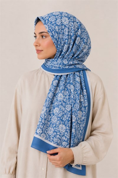 Kadın Çiçek Desenli 180X70 Ölçülü Şal Mavi