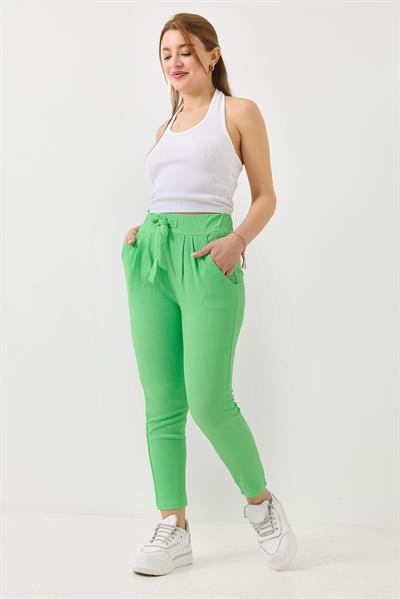 Bağlama Detaylı Bürümcük Örme Pantalon Yeşil
