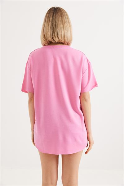 Eteği Oval Kesim Bisiklet Yaka Tshirt  Pembe