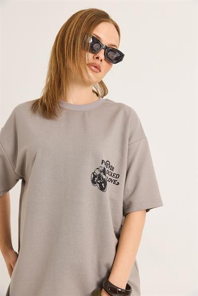 Baskılı Oversize İki İplik Tshirt Gri