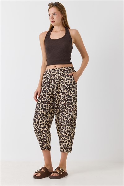 Kadın Beli Lastikli Havuç Kesim Pantolon Leopar