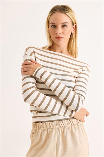 Kadın Çizgi Desen Geniş Yaka Uzun Kollu Bluz Sütlü Kahve