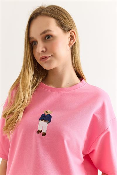 Ayıcık Nakışlı Rahat Kalıplı Tshirt Pembe