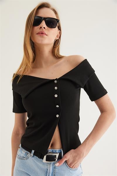 Omuz Açık  Düğme Detaylı Bluz Siyah