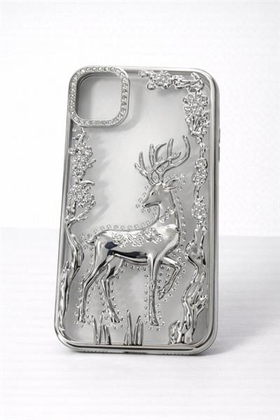 İphone 11 Uyumlu Geyik ve Çiçek Kabartmalı Kılıf Gri