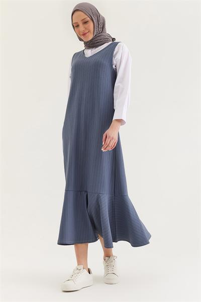 Çizgili Sıfır Kol Beli Kuşaklı Elbise Gri