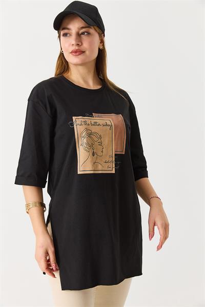 Kadın Figürlü Baskılı Bisiklet Yaka Tshirt Siyah