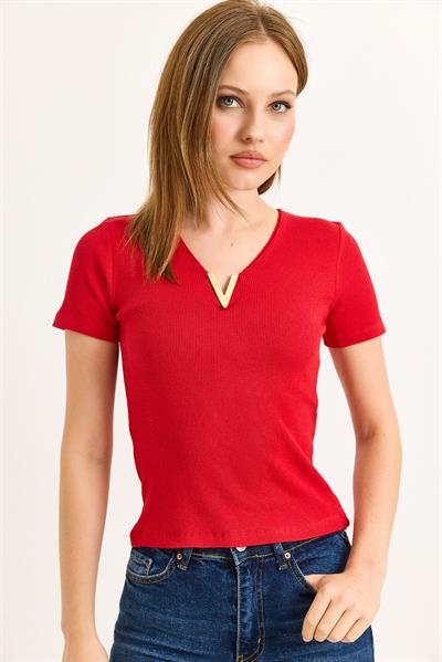 Yaka V detay Kısa Kol Kaşkorse Kırmızı 