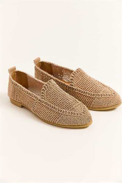 Örgü Tasarım Kadın Babet Ayakkabı Vizon