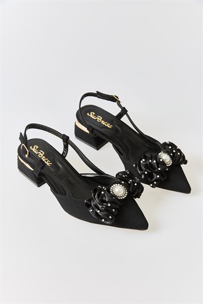 Kadın Büyük Fiyonklu Slingback Kısa Topuklu Ayakkabı Siyah
