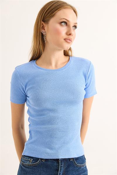Bisiklet Yaka Kaşkorse Kadın Bluz Mavi