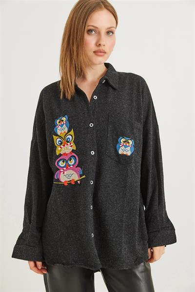 Baykuş Nakışlı Oversize Yün Gömlek Antrasit