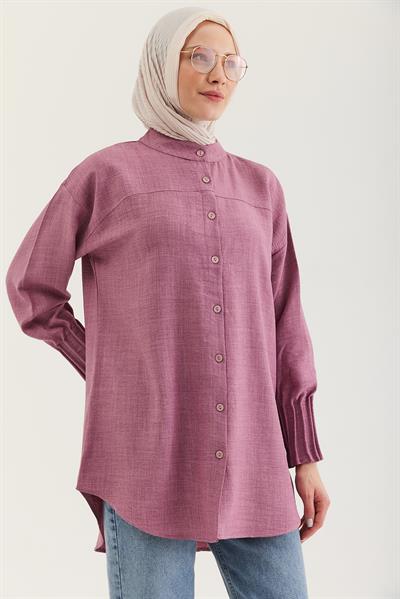 Keten Kumaş Kol Nervül Detaylı Gömlek Tunik Gül Kurusu