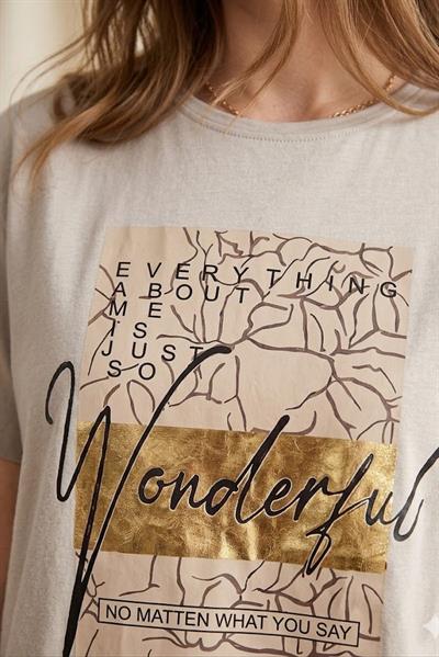 Kadın Bisiklet Yaka Baskılı Tshirt Gri