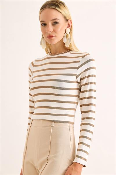 Kadın Çizgi Desenli Crop Bluz Bej