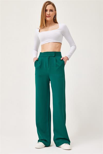 Beli Cırtlı Rahat Palazzo Pantolon Yeşil