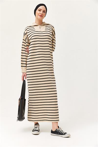 Yarım Fermuar Çizgili Uzun Elbise Siyah