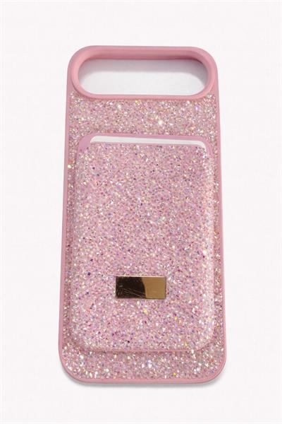 İphone 17 Air Uyumlu Parlak ve Taşlı Kart Bölümlü Kılıf Pembe