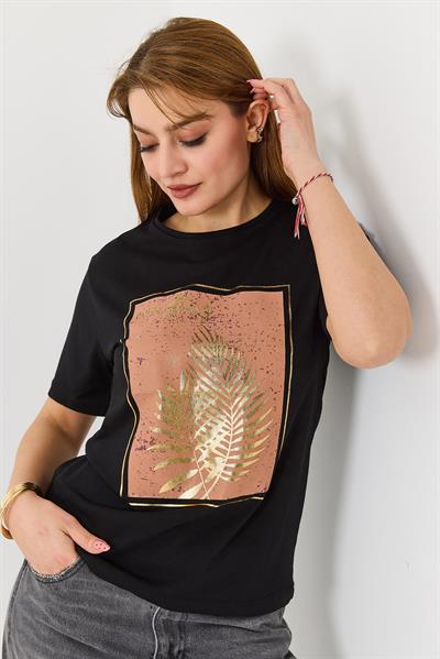 Kadın Palmiye Parlak Baskılı Siyah Tshirt