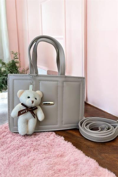 Ayıcık Anahtarlık Hediyeli Mini Boy Deri Şık Çanta Krem