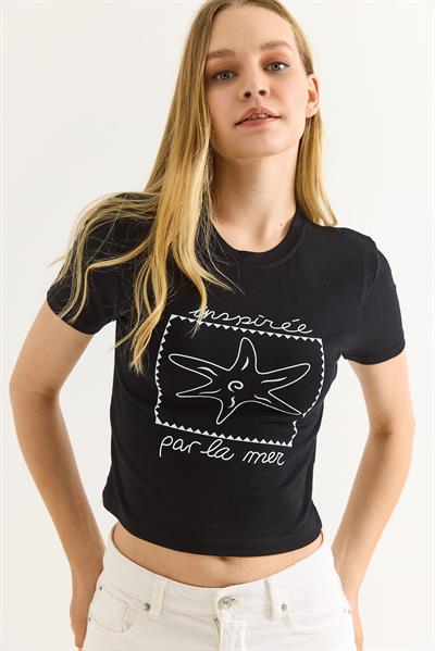 Deniz Yıldızı Baskılı Bisiklet Yaka Crop Siyah