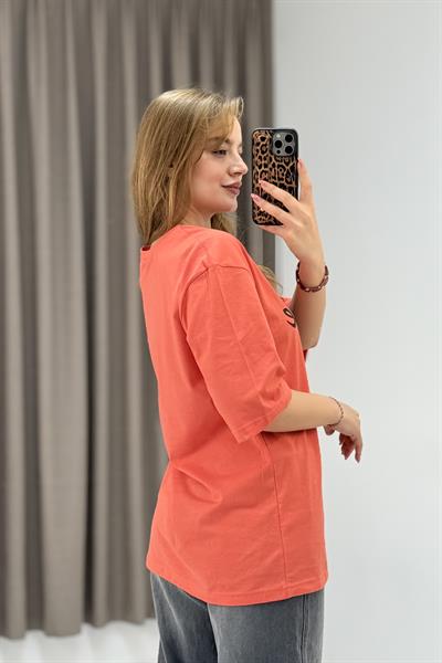 Kadın Yazı Baskılı Bisiklet Yaka Tshirt Turuncu