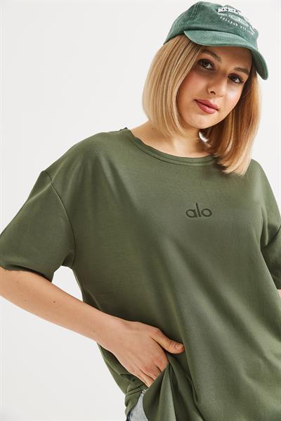 Eteği Oval Kesim Bisiklet Yaka Tshirt  Haki