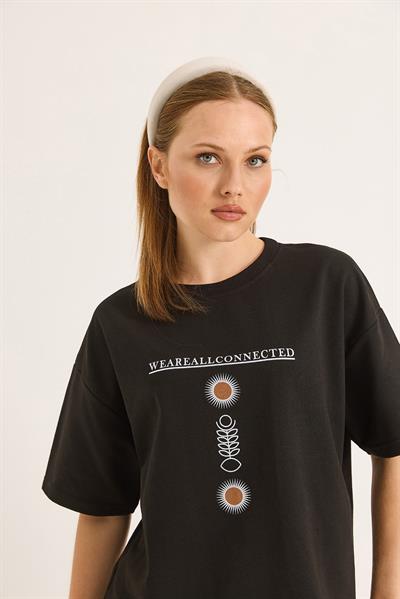 Bisiklet Yaka Kısa Kol Baskılı Tshirt Sİyah