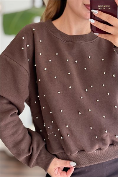 Kadın Bisiklet Yaka Taş Detaylı Sweatshirt Kahverengi