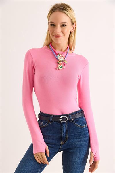 Kadın Parmak Geçirmeli Uzun Kollu Düz BLuz Pembe