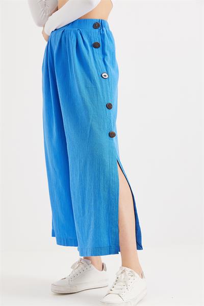 Yanları  Düğmeli  Bol Kesim Keten Pantolon  Mavi