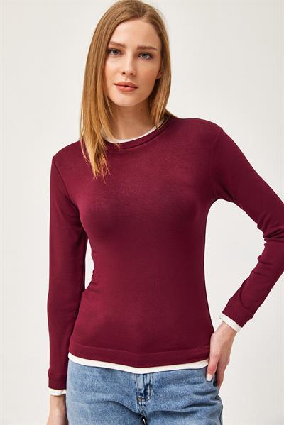 Yaka ve Etek Garnili Esnek Bluz Bordo